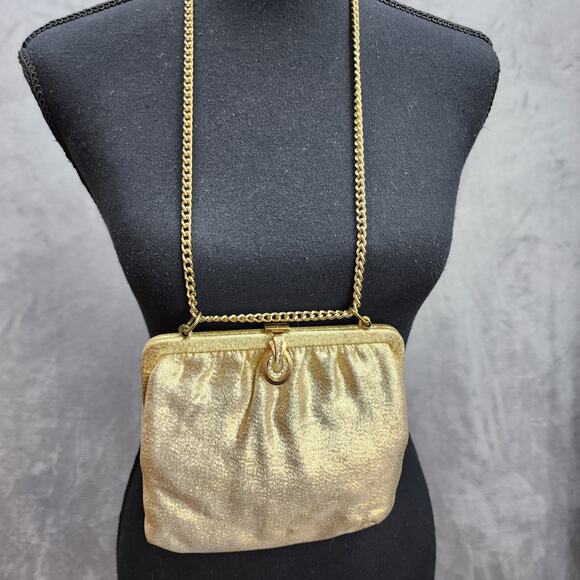 Vintage 60s 70s Gold Lame Evening Clutch Purse 6" Chain Strap Sparkly Holiday - Picture 2 of 16